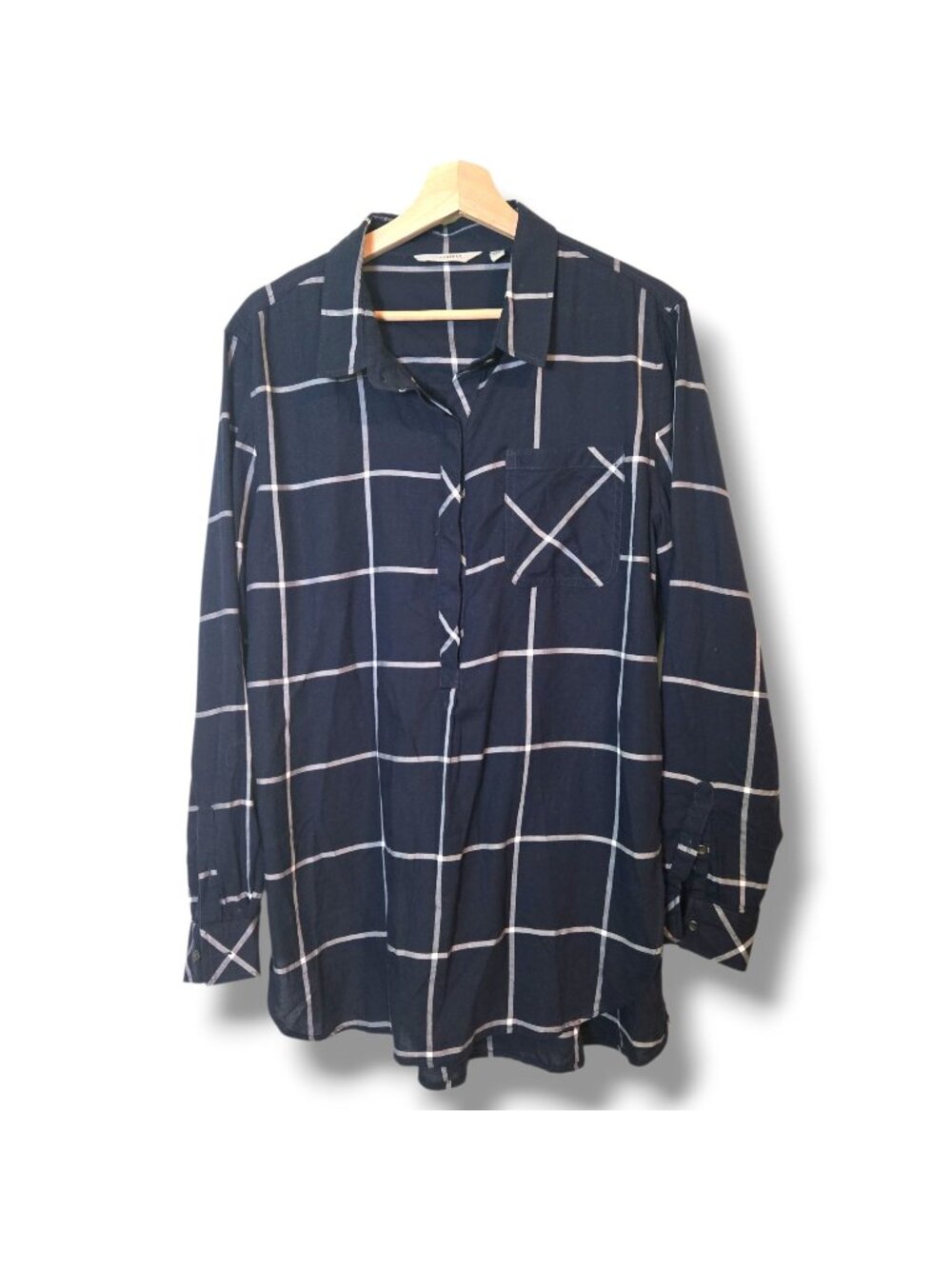 Athleta Shirt Womens Large Blue WIndowpane plaid pullover tunic top long-sleeve